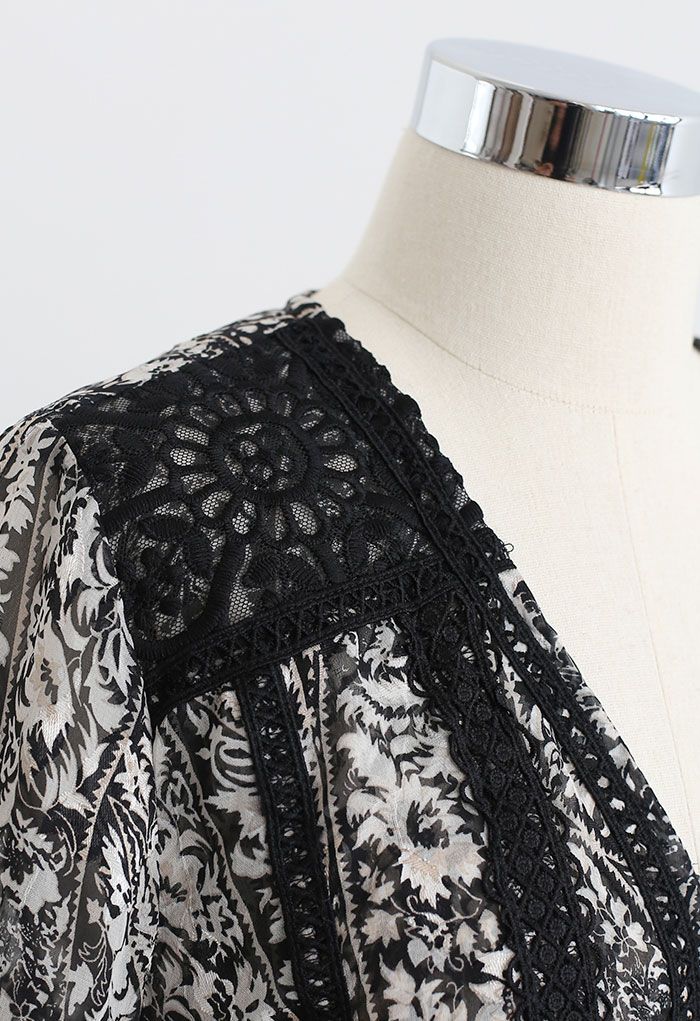Vestido largo transparente con ribete de croché en jacquard floral negro