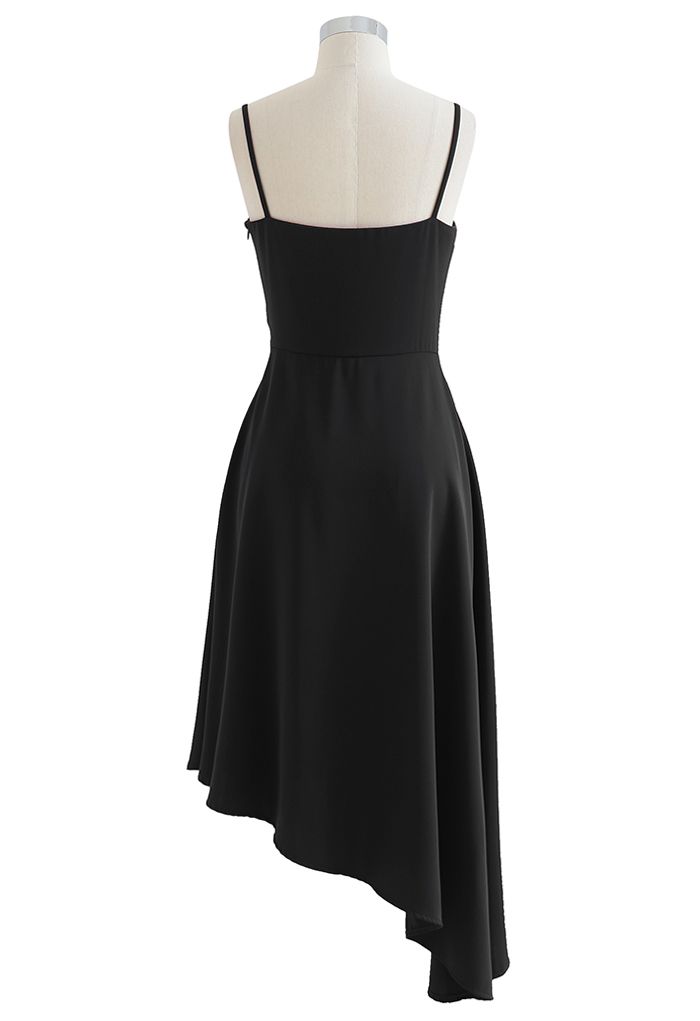 Pearl Trim Ruched Draped Asymmetric Cami Dress in Black