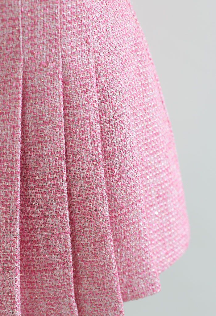 Minifalda de tweed plisada metalizada brillante en rosa fuerte