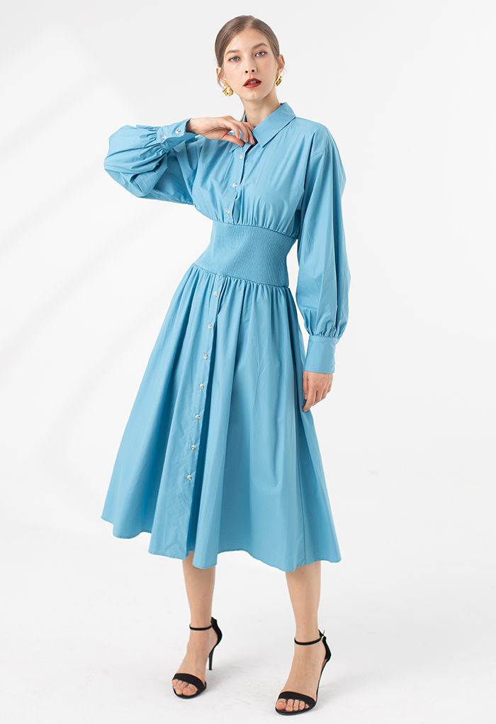 Vestido camisero de algodón con botones en azul