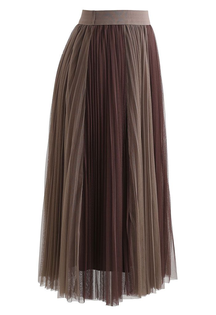 Falda de malla de tul plisada de doble capa marrón
