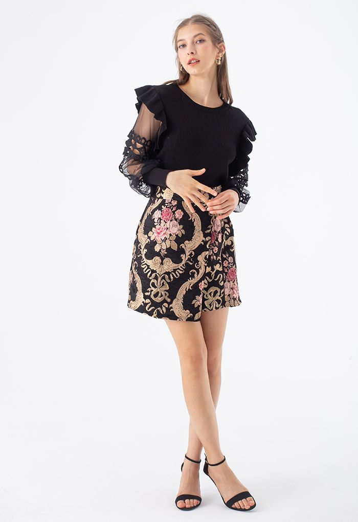 Minifalda con solapa de jacquard de peonía barroca