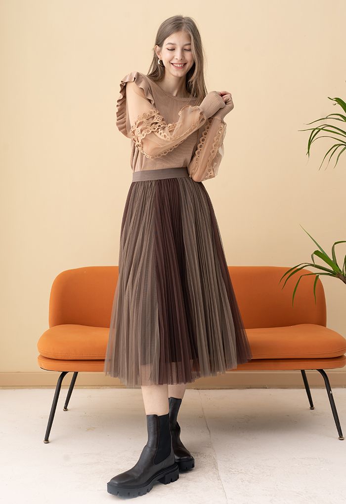 Falda de malla de tul plisada de doble capa marrón