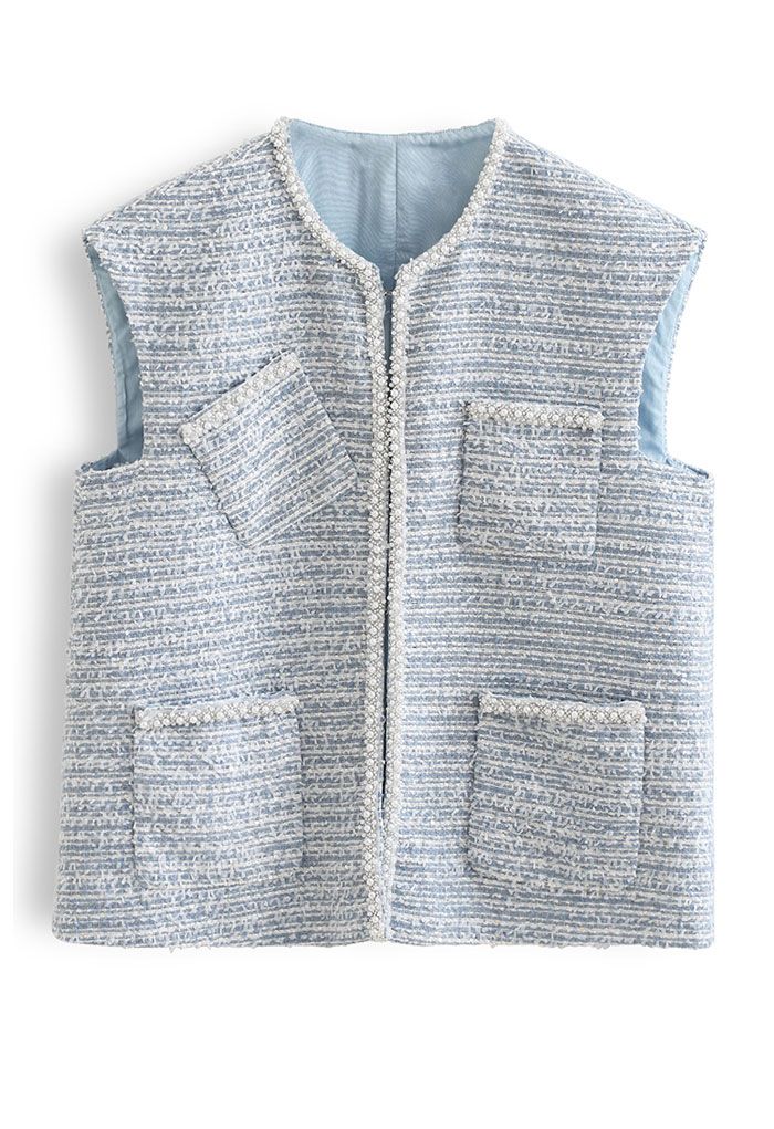 Chaqueta sin mangas de tweed con bolsillo y borde nacarado en azul
