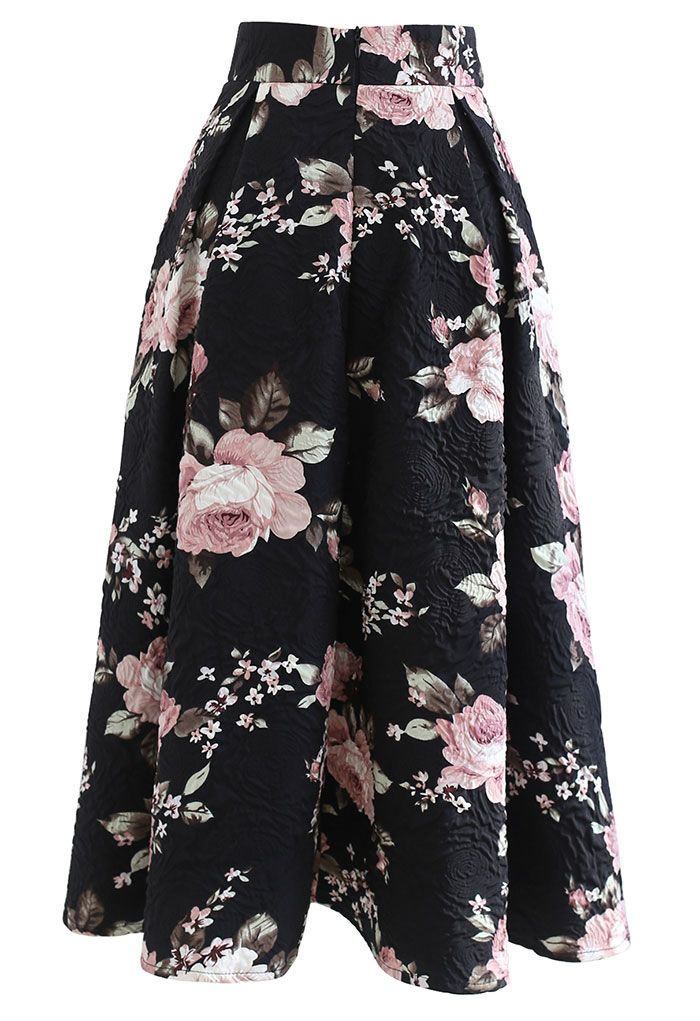 Falda midi plisada floral en relieve en negro
