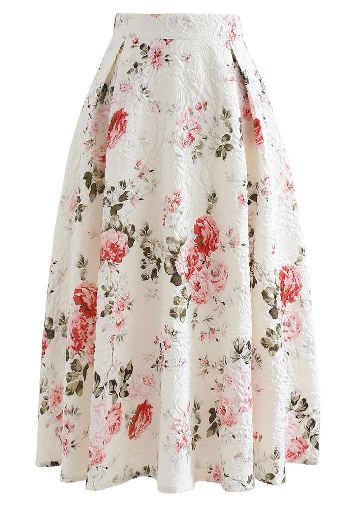 Falda midi plisada floral en relieve en marfil