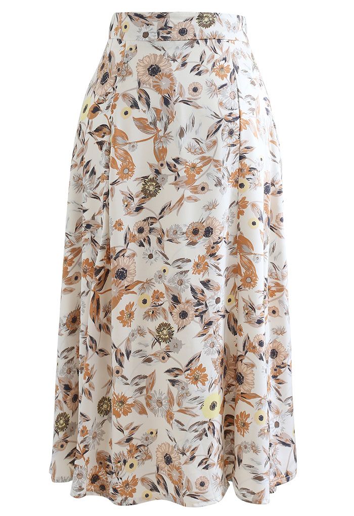 Falda midi de satén con estampado de margaritas en color crema