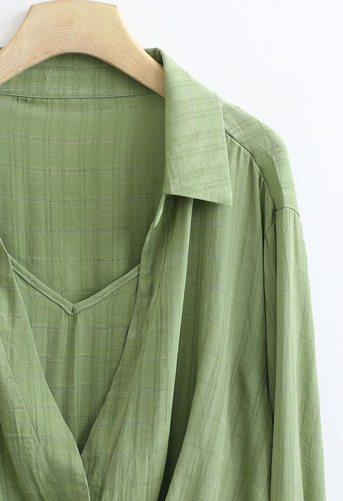 Camisa corta texturizada de cuadros falsos de dos piezas en verde