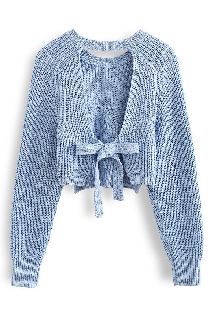 Suéter de punto acanalado corto con lazo en la espalda abierta en azul