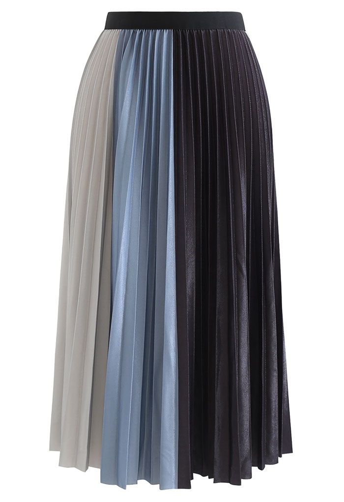 Falda midi plisada brillante color block en azul - Retro, Indie and Unique  Fashion