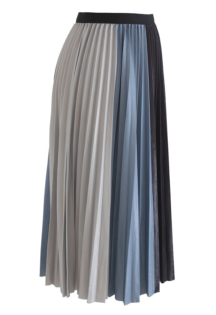 Falda midi plisada brillante color block en azul