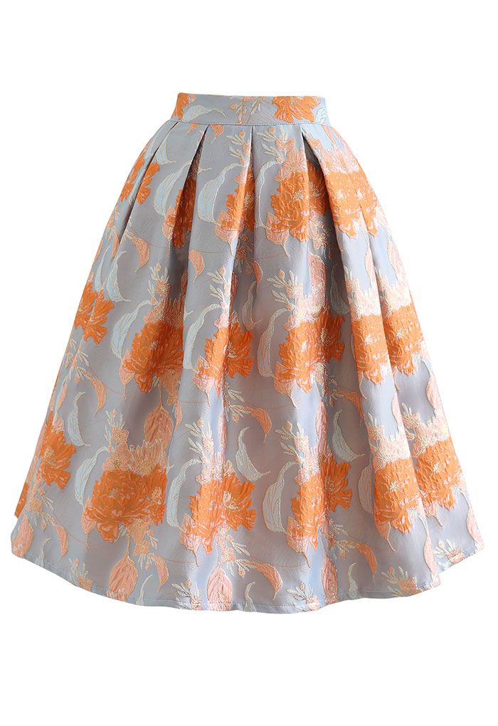 Falda midi plisada de jacquard con ramo naranja