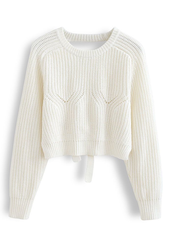 Suéter de punto acanalado corto con lazo en la espalda abierta en blanco