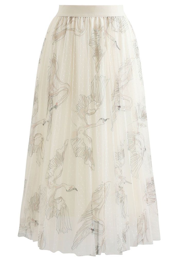 Falda plisada de malla con puntos de cisne en color crema