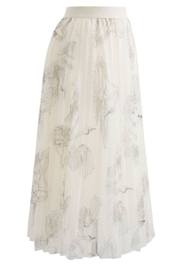 Falda plisada de malla con puntos de cisne en color crema
