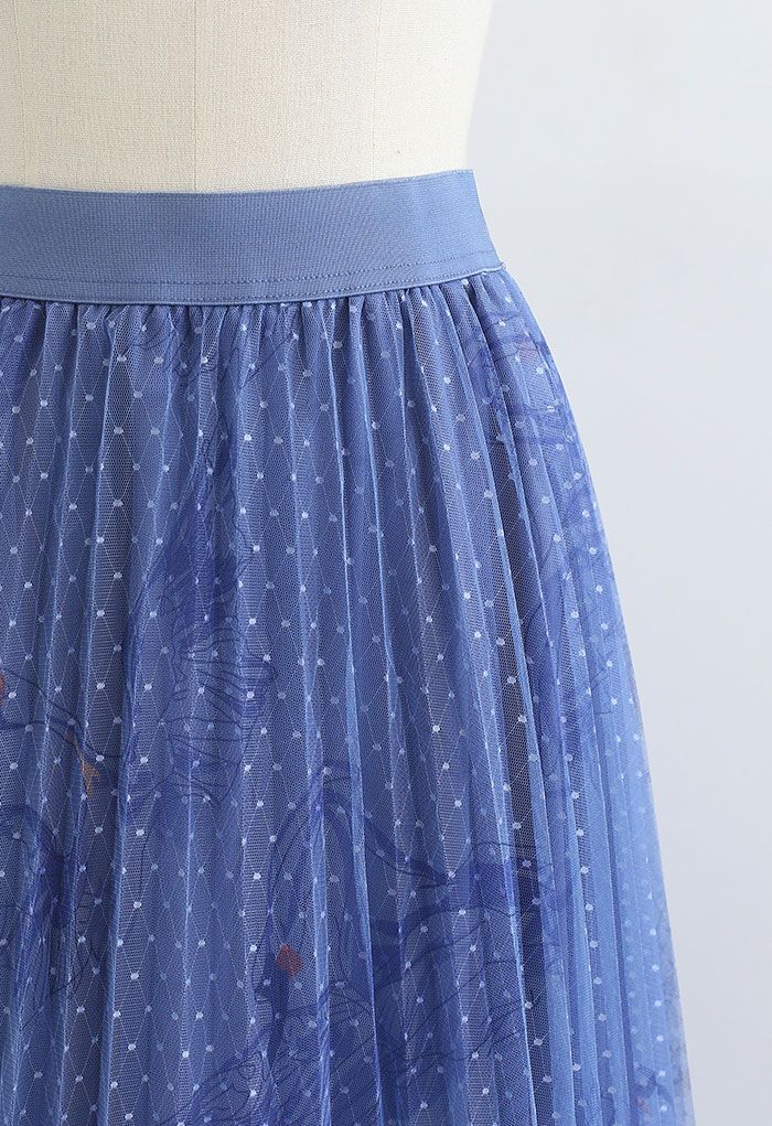 Falda plisada de malla con puntos de cisne en azul