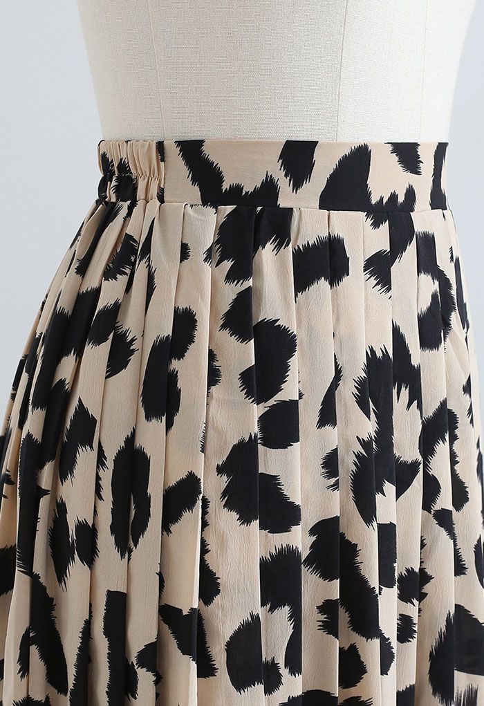 Falda midi plisada de gasa con estampado de leopardo en tostado claro