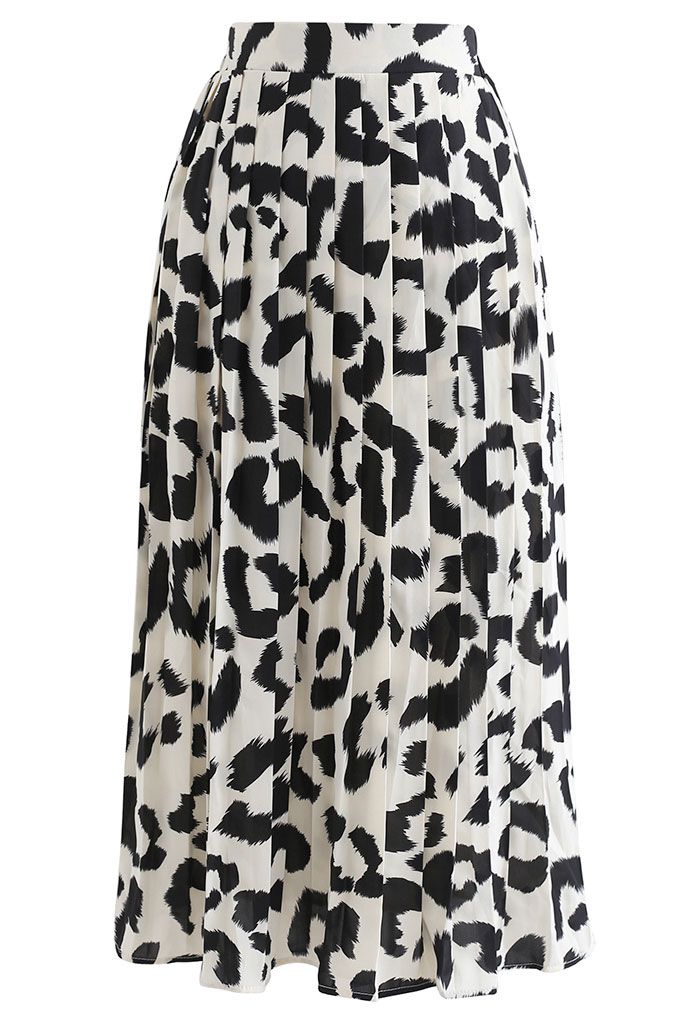 Leopard Print Chiffon Pleated Midi Skirt in Ivory