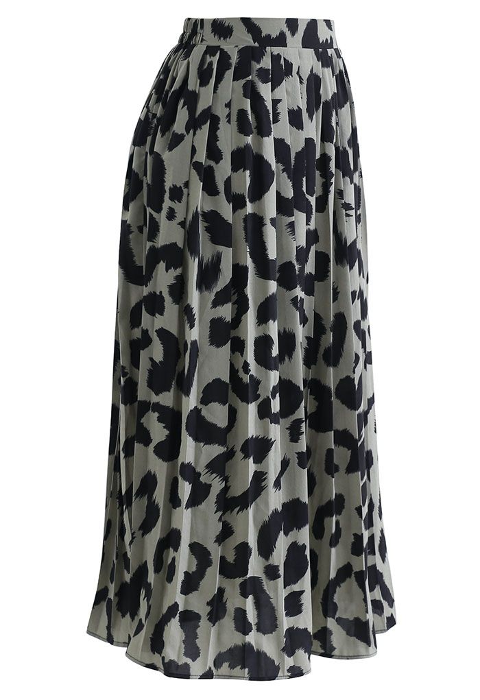 Falda midi plisada de gasa con estampado de leopardo en salvia