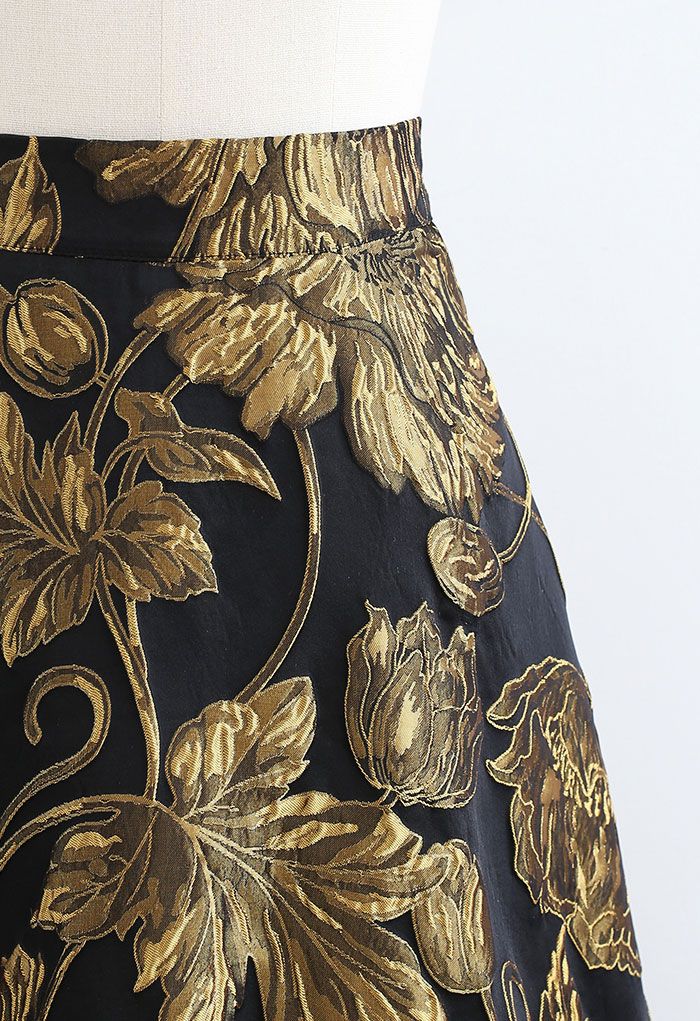 Falda amplia con estampado jacquard en relieve Golden Bouquet