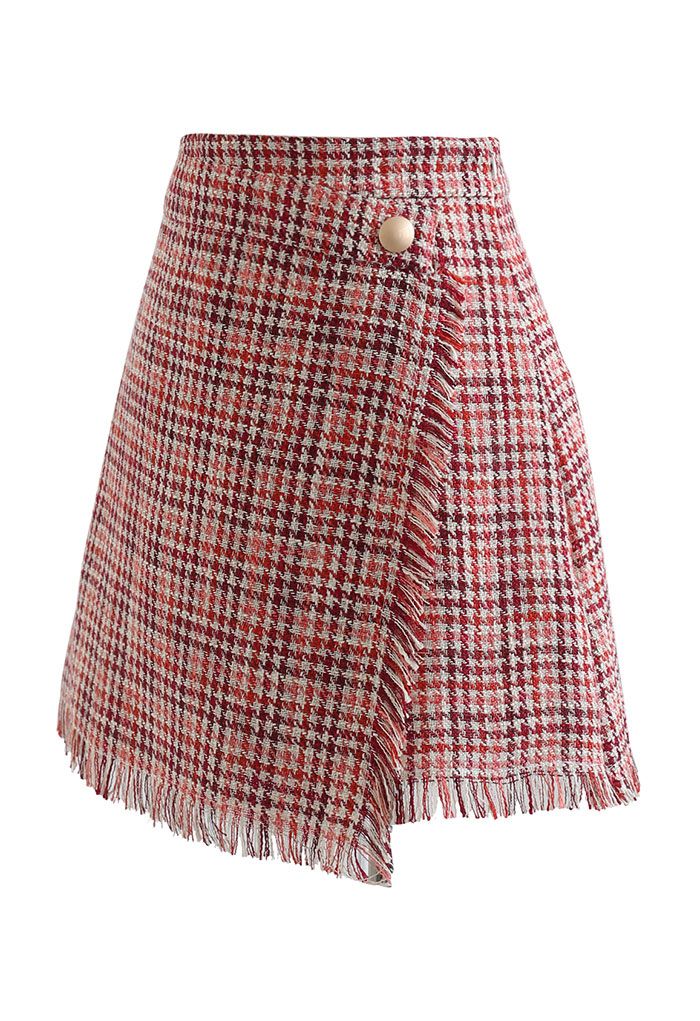 Minifalda con solapa de tweed de pata de gallo con borlas en rojo