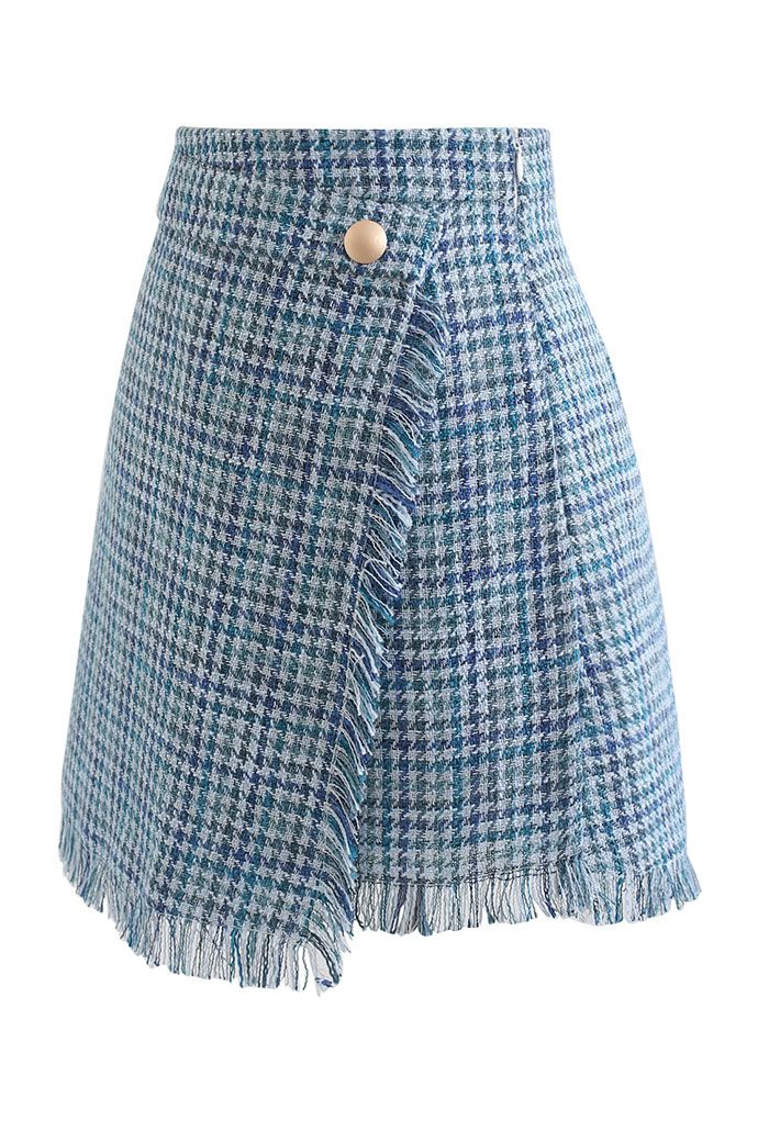 Minifalda con solapa de tweed de pata de gallo con borlas en azul