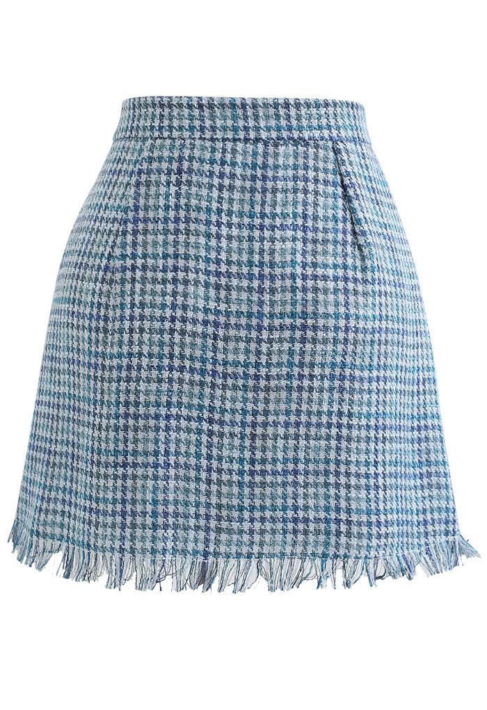 Minifalda con solapa de tweed de pata de gallo con borlas en azul