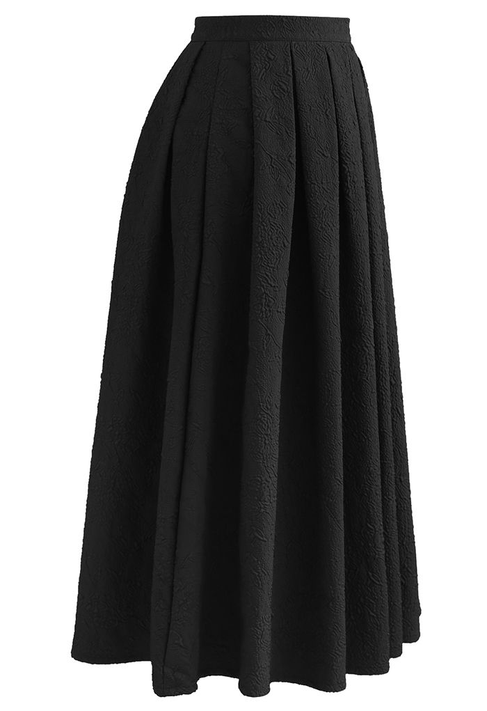 Carnation Embossed Satin Pleated Midi Skirt in Black