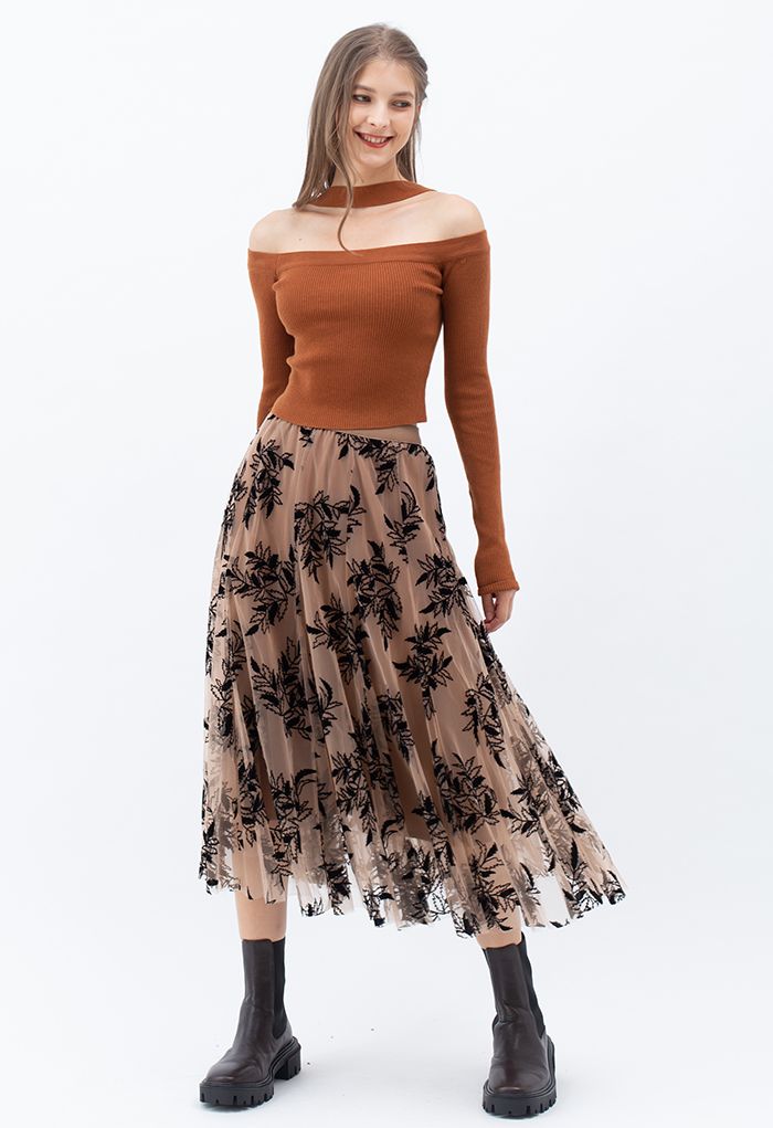 Falda midi de tul de malla de doble capa 3D Leaf en color caramelo