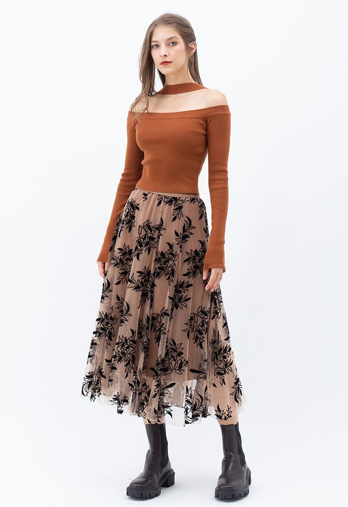 Falda midi de tul de malla de doble capa 3D Leaf en color caramelo