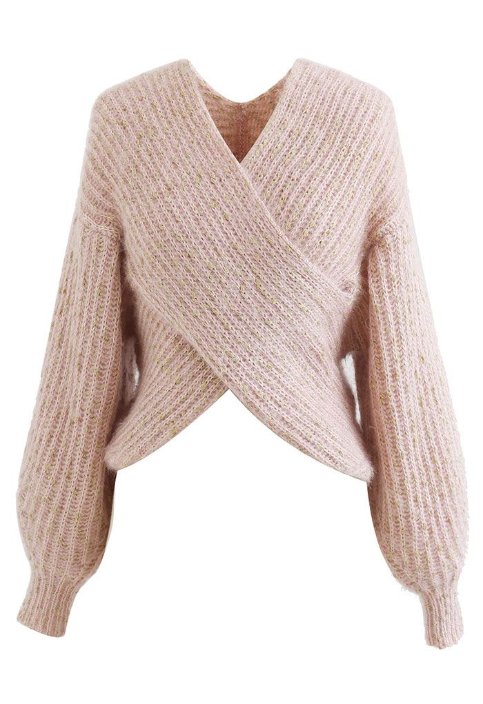 Suéter corto de punto acanalado entrecruzado en rosa brillante
