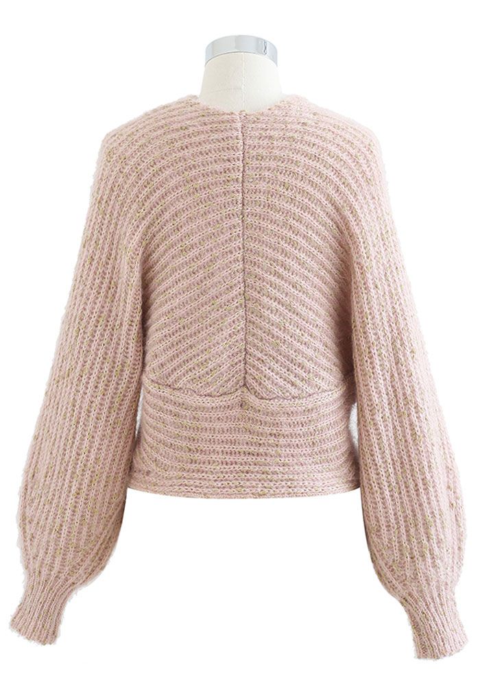 Suéter corto de punto acanalado entrecruzado en rosa brillante