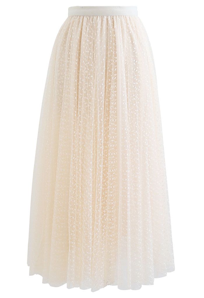 Falda midi de tul de malla de doble capa con cadena de encaje en color crema