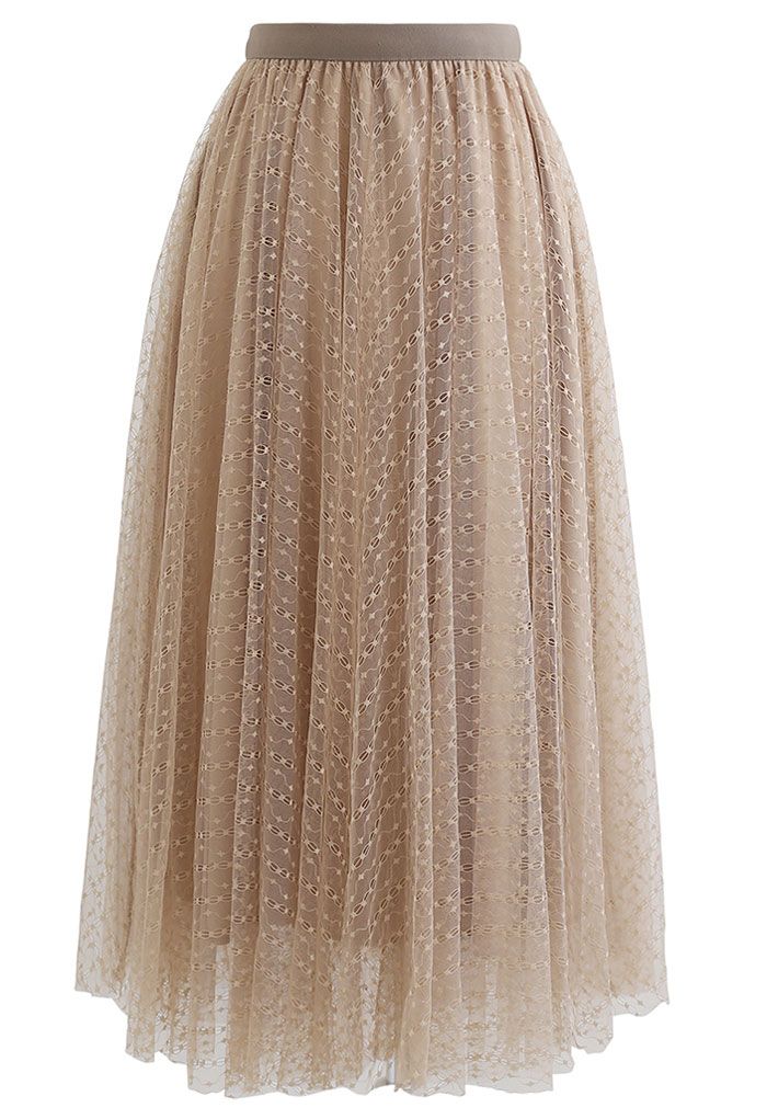 Falda midi de tul de malla de doble capa con cadena de encaje en tostado claro