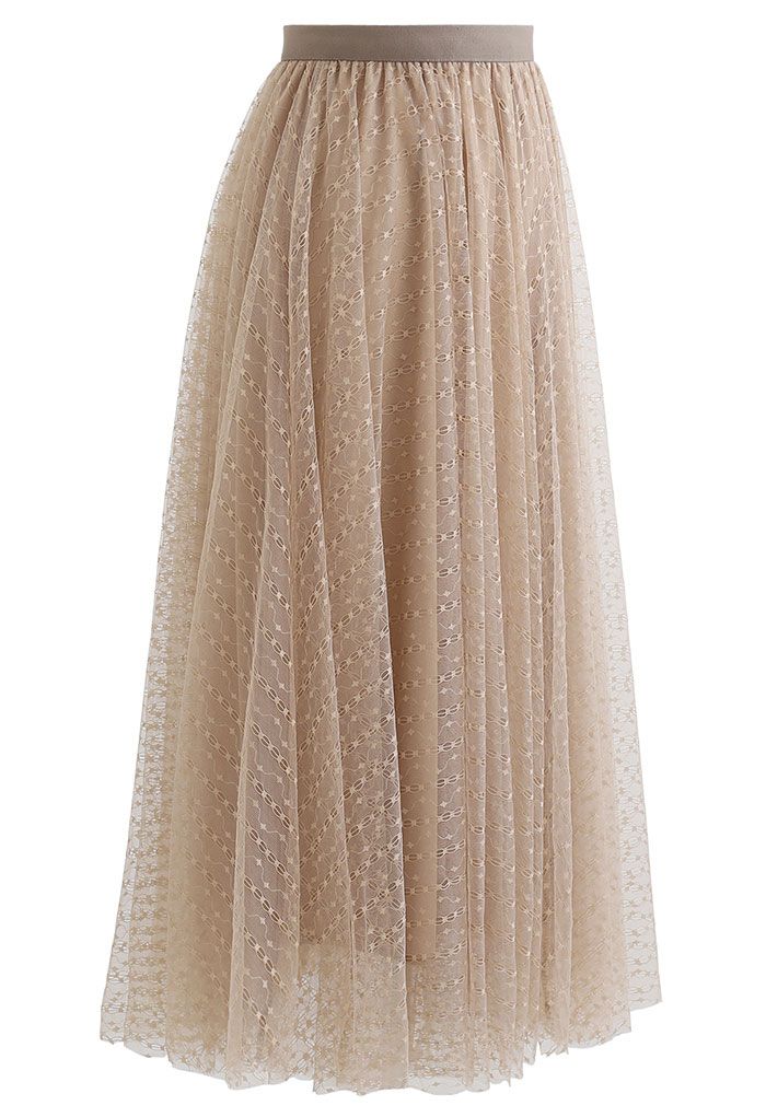Falda midi de tul de malla de doble capa con cadena de encaje en tostado claro