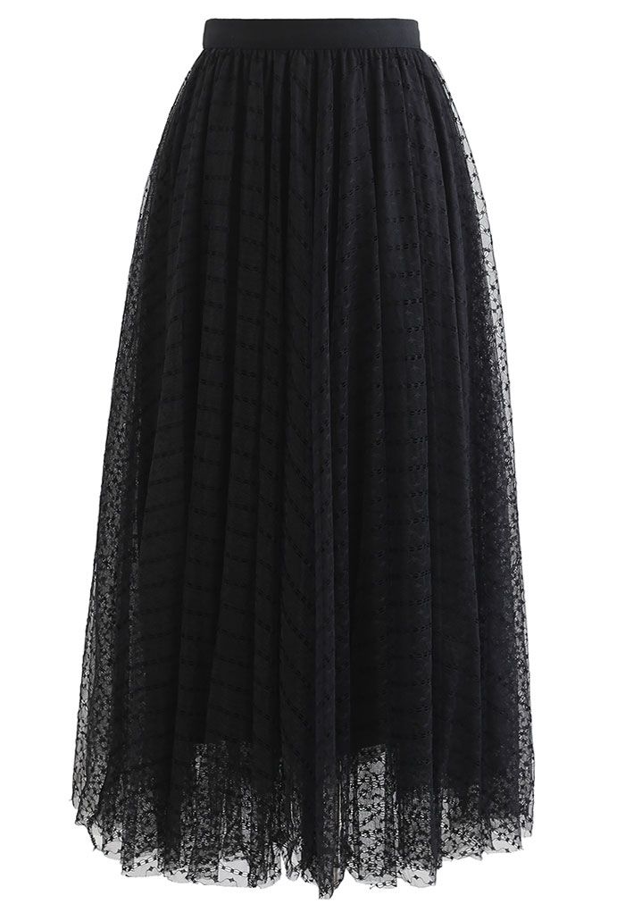 Falda midi de tul de malla de doble capa con cadena de encaje en negro