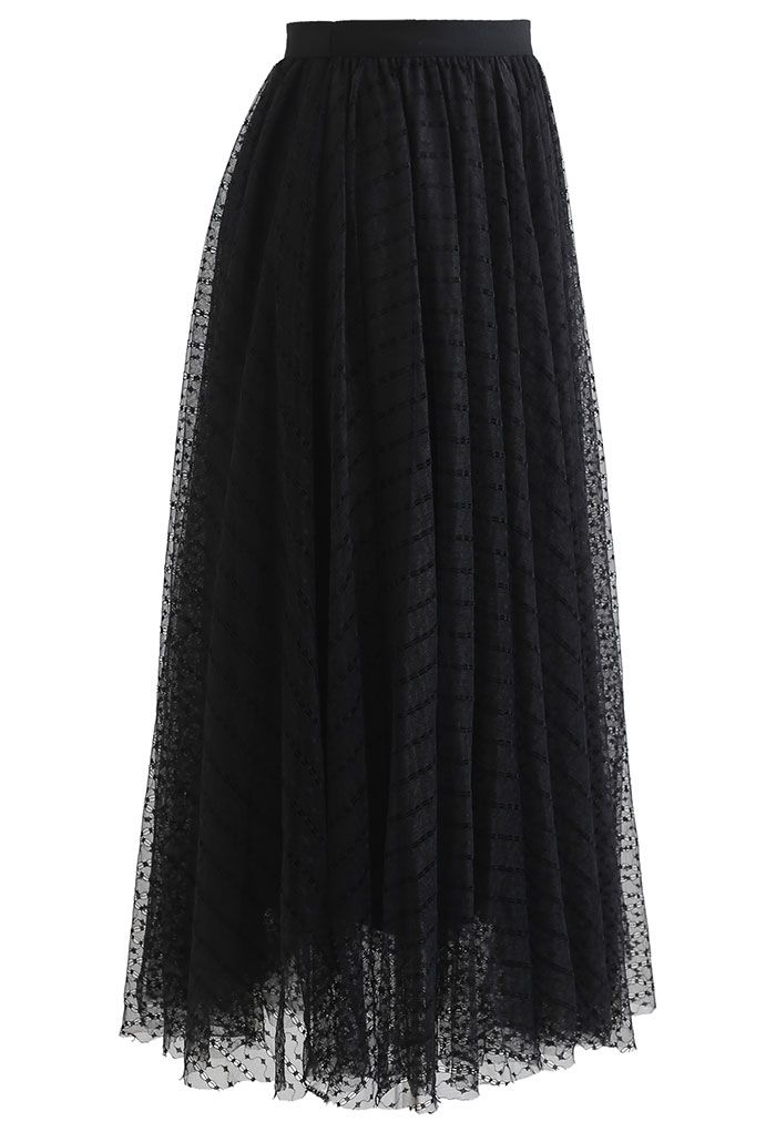 Falda midi de tul de malla de doble capa con cadena de encaje en negro