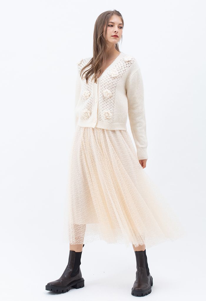 Falda midi de tul de malla de doble capa con cadena de encaje en color crema