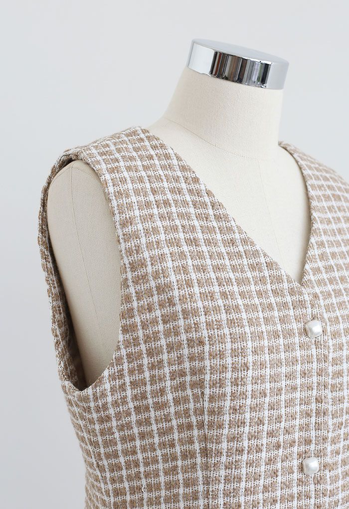 Vestido de tweed brillante sin mangas con botones en lino