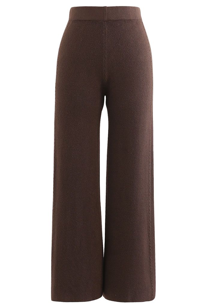 Pantalones de pierna recta de punto con trenzas dobles en marrón