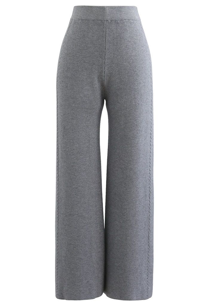 Pantalones de pierna recta de punto con trenzas dobles en gris