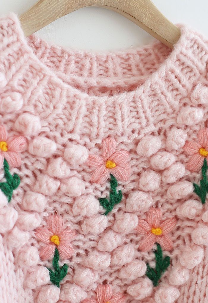 Suéter tejido a mano con pompones de diamantes florales de Stitch en rosa