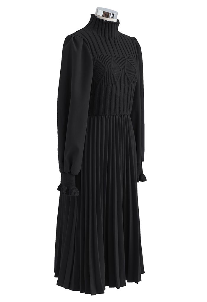 Vestido midi plisado empalmado de punto de cable en negro