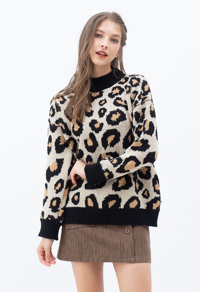Suéter de punto con cuello simulado con estampado de leopardo salvaje