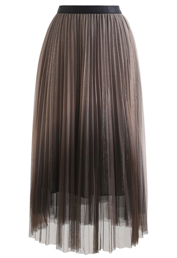 Falda midi plisada con purpurina y malla degradada en marrón