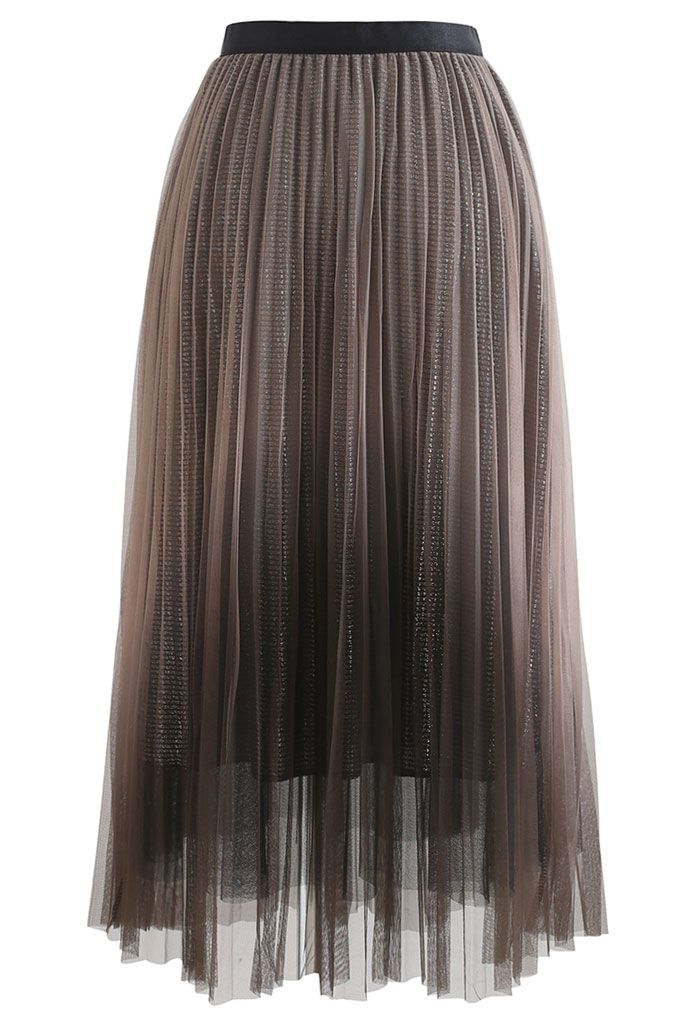 Falda midi plisada con purpurina y malla degradada en marrón