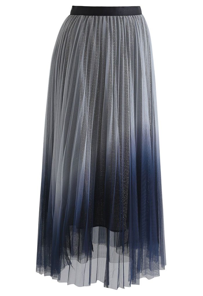 Falda midi plisada con purpurina y malla degradada en azul polvoriento