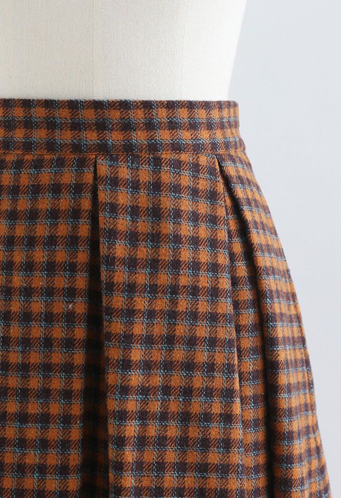 Falda plisada de mezcla de lana de cuadros vichy de colores en naranja