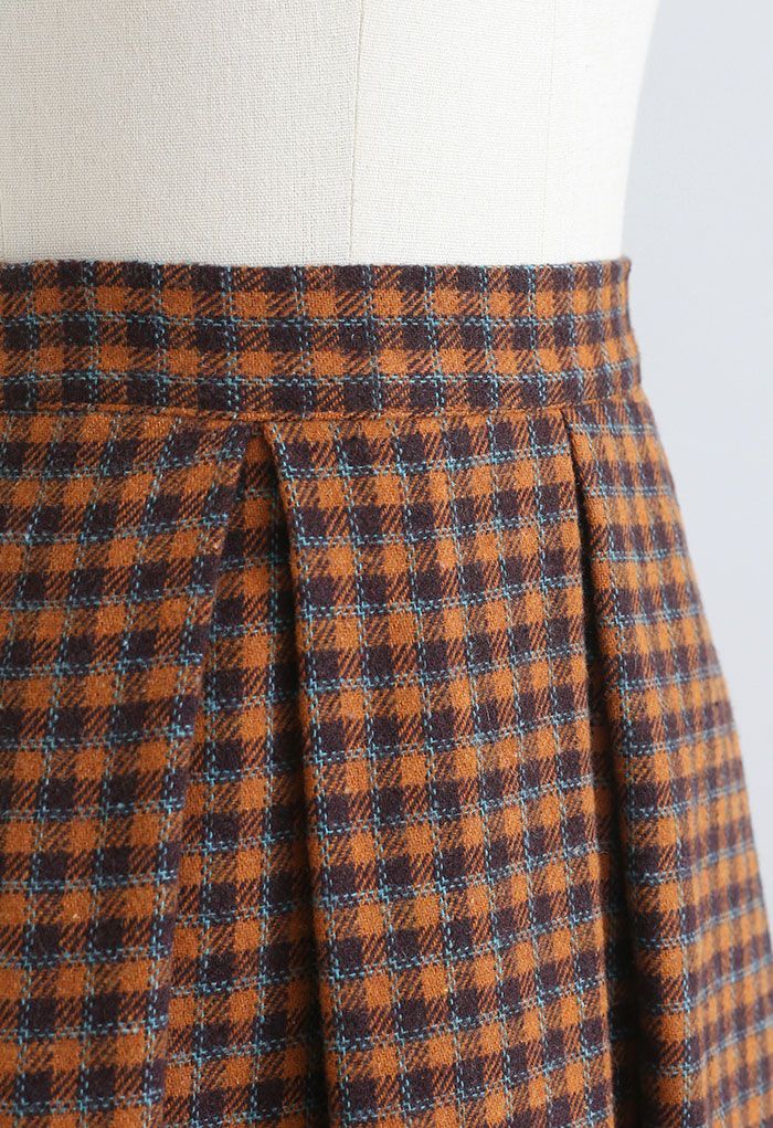 Falda plisada de mezcla de lana de cuadros vichy de colores en naranja