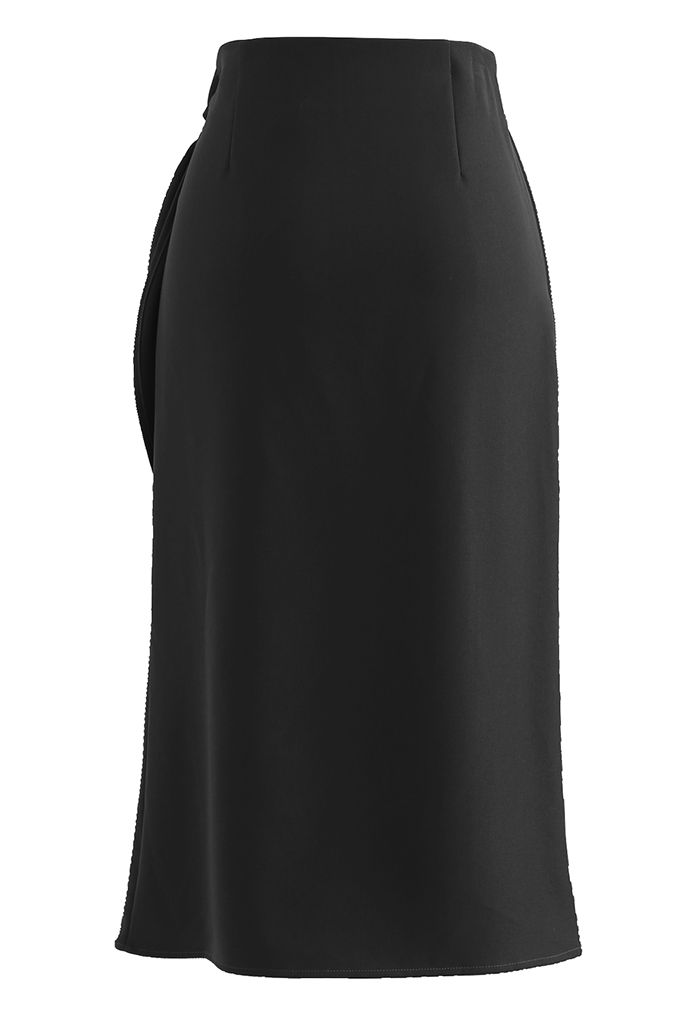 Falda midi con solapa en la cintura y nudo anudado en negro